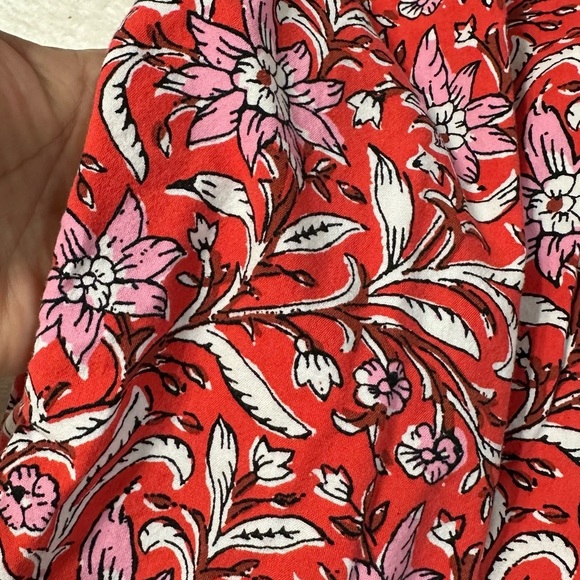 LOFT Red and White Boho Preppy Floral Tiered Ruffled Midi Dress with V-Neck - Picture 3 of 14